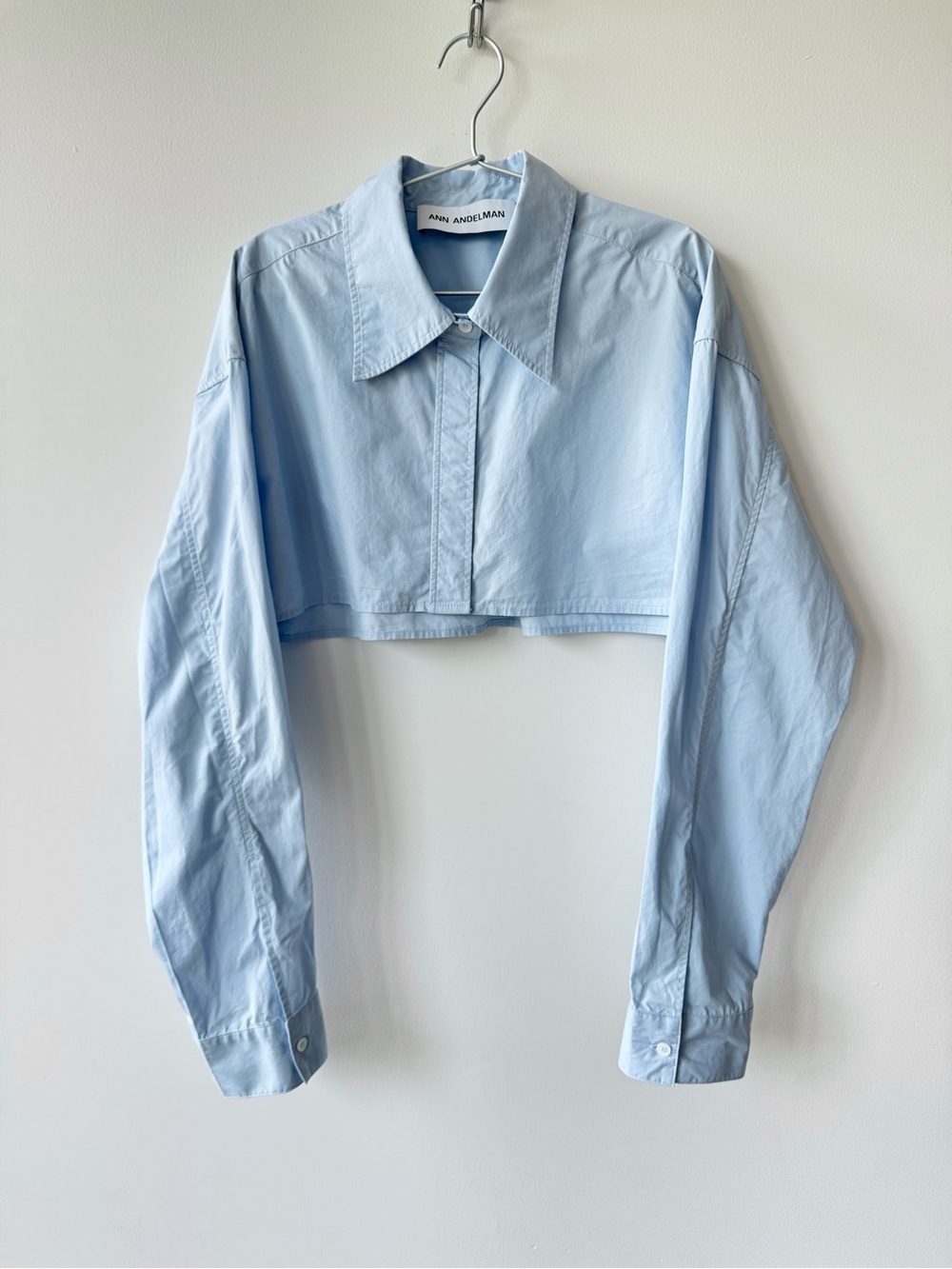 Ann Andelman Cropped Light Blue Button Up Point Collar Cotton Shirt - Size M
